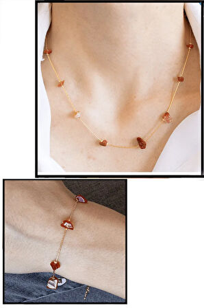 Sertifikalı Karnelyan Karneol Akik Taşlı Doğal Taş Kolye Bileklik Seti