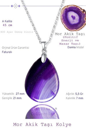 Sertifikalı Damla Model Mor Akik Taşı Kolye (GÜMÜŞ APARATLI)
