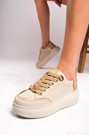 Modaya Uygun Kadın Beyaz Altın Detaylı ve Kalın Tabanlı Spor Ayakkabı 2025 Koleksiyonu GOLD BEJ / 40