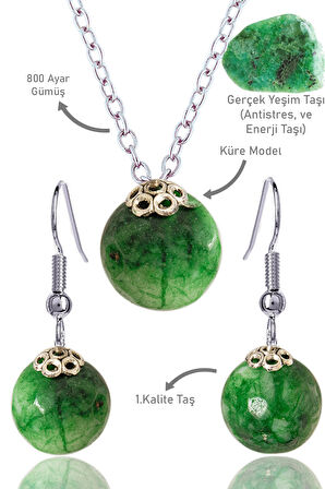 Sertifikalı Küre Model Fasetli Yeşim Taşı Kolye ve Küpe Seti - Gümüş Aparatlı