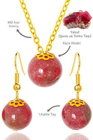 Sertifikalı Gold Küre Model Yakut Taşı Kolye ve Küpe Seti - Gümüş Aparatlı