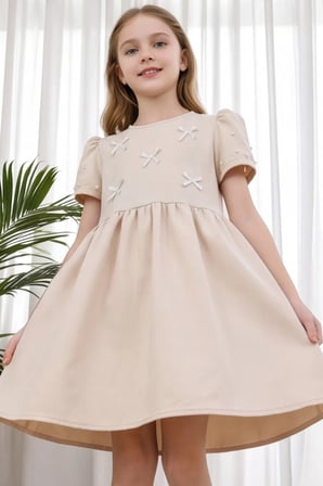 Kız Çocuk Fiyonk Detaylı Kolları İncili Düğme Kapamalı Abiye Elbise Kısa Kollu Özel Gün Parti Doğum Günü Elbisesi