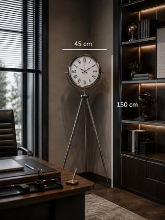 Krom Roma Rakamlı 150 x 45 Cm Metal Tripod Ayaklı Saat iegxx