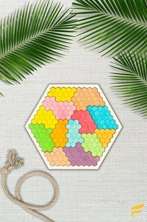 Ahşap Doğal Renklendirilmiş Altıgen Bal Peteği 13 Parçalı Puzzle