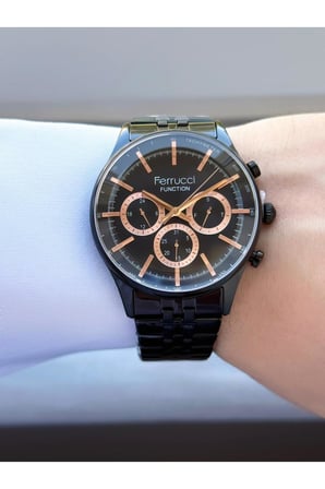 Function Erkek Kol Saati Siyah Kadran Rose Detaylı Fonksiyonel Siyah Metal Kordon