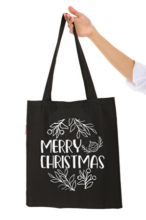 Baghashtag Siyah Bez Çanta Merry Christmas Baskılı