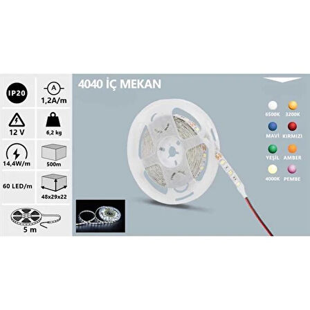 Şerit Led İç Mekan 4040 3 Chip 60 Ledli 4000K IP20 12V