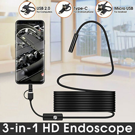 Endoskop 3 In 1 Yılan Kamera Usb Micro Usb Type-c 10m Sert Kablo