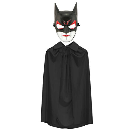 Batman Maskesi Cat Woman Ve Batman Pelerini 90 Cm Siyah Renk Set