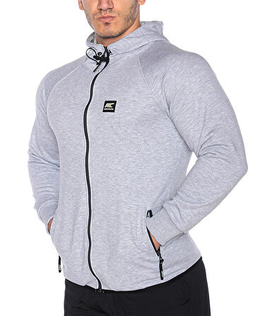 MuscleCloth Pro Kapüşonlu Fermuarlı Sweatshirt Gri Melanj