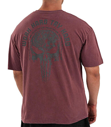 Kingsize Hard Work Antik Yıkamalı Oversize T-Shirt Bordo