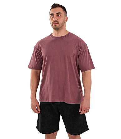 Kingsize Hard Work Antik Yıkamalı Oversize T-Shirt Bordo