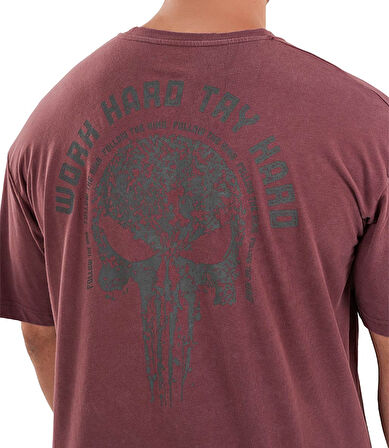 Kingsize Hard Work Antik Yıkamalı Oversize T-Shirt Bordo