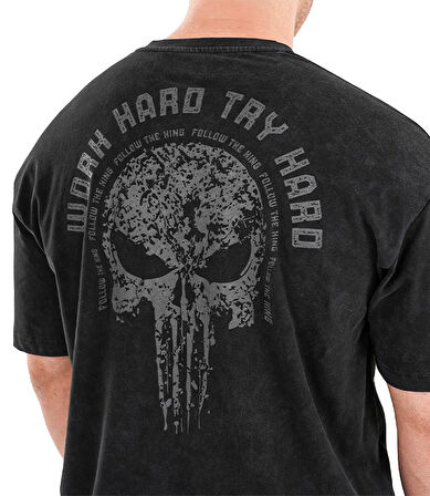 Kingsize Hard Work Antik Yıkamalı Oversize T-Shirt Siyah