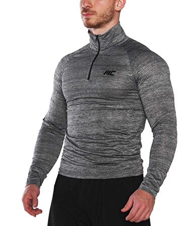 MuscleCloth Pro Stretch Fermuarlı Uzun Kollu T-Shirt Füme