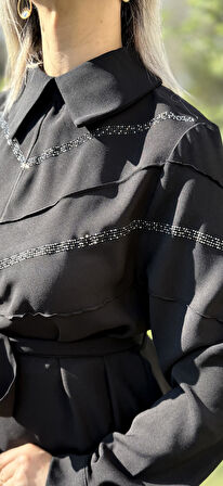 Linda Kumaş Taş Baskı Detaylı Tasarım İkili Takım Tunik ve Pantolon İkili Takım