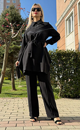 Linda Kumaş Taş Baskı Detaylı Tasarım İkili Takım Tunik ve Pantolon İkili Takım