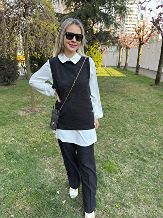 Yanları Düğmeli Yelek, Tunik ve Pantolon Üçlü Takım