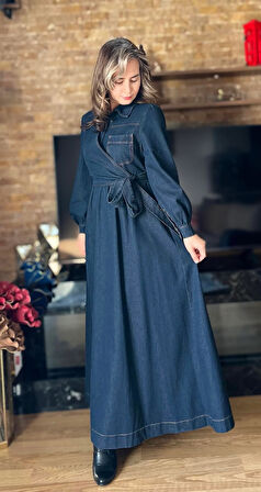 Premium Kalite Yandan Bağlamalı Denim Kot Elbise Tesettür Jean Elbise