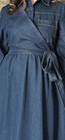 Premium Kalite Yandan Bağlamalı Denim Kot Elbise Tesettür Jean Elbise