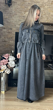 Premium Denim Kot Jile Elbise ve Ceket İkili Takım İkili Denim Ceket Elbise Takım