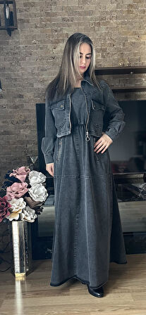 Premium Denim Kot Jile Elbise ve Ceket İkili Takım İkili Denim Ceket Elbise Takım