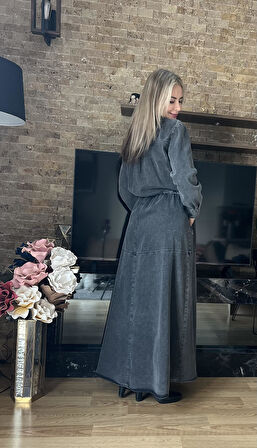 Premium Denim Kot Jile Elbise ve Ceket İkili Takım İkili Denim Ceket Elbise Takım