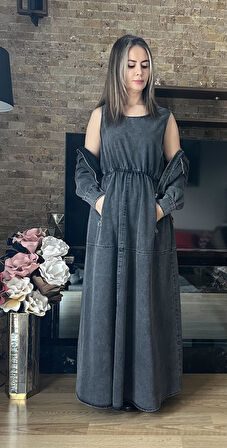 Premium Denim Kot Jile Elbise ve Ceket İkili Takım İkili Denim Ceket Elbise Takım