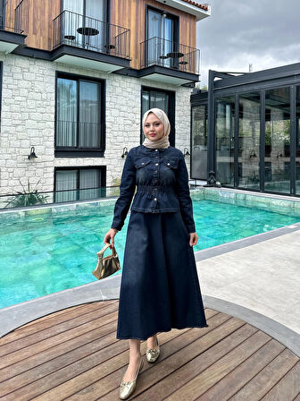 Denim Kot Etek Ceket Takım İkili Tasarım Jean Takım