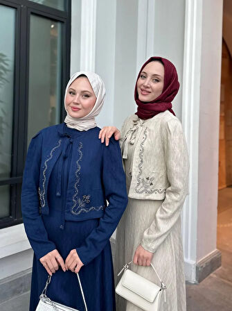 Taş İşlemeli Tasarım Ceket ve Jile Elbise Takım Tesettür Uyumlu Elbise Ceket Takım