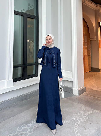 Taş İşlemeli Tasarım Ceket ve Jile Elbise Takım Tesettür Uyumlu Elbise Ceket Takım