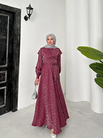 Premium Kalite Jakarlı Saten Kumaş Elbise Tesettür Uyumlu Jakarlı Elbise