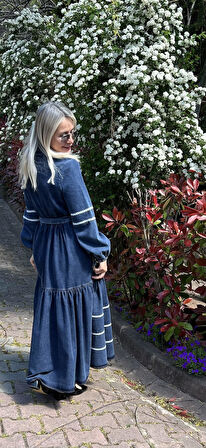 Premium Kalite Dantel Detaylı Kot Elbise Tesettür Uyumlu Denim Elbise