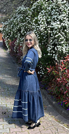 Premium Kalite Dantel Detaylı Kot Elbise Tesettür Uyumlu Denim Elbise