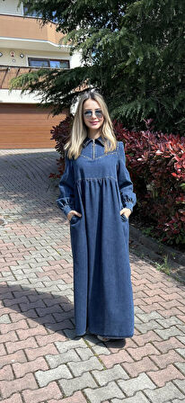 Premium Kalite Taş Süslemeli Yazlık Denim Kot Elbise Tesettür Jean Elbise 140 cm