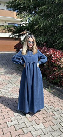 Premium Kalite Taş Süslemeli Yazlık Denim Kot Elbise Tesettür Jean Elbise 140 cm