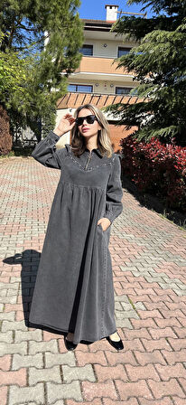 Premium Kalite Taş Süslemeli Yazlık Denim Kot Elbise Tesettür Jean Elbise 140 cm