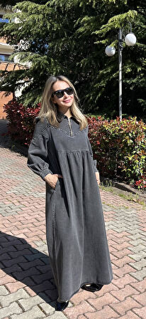 Premium Kalite Taş Süslemeli Yazlık Denim Kot Elbise Tesettür Jean Elbise 140 cm