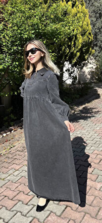Premium Kalite Taş Süslemeli Yazlık Denim Kot Elbise Tesettür Jean Elbise 140 cm
