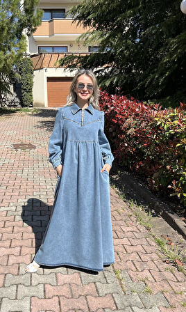 Premium Kalite Taş Süslemeli Yazlık Denim Kot Elbise Tesettür Jean Elbise 140 cm