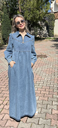 Premium Kalite Taş Süslemeli Yazlık Denim Kot Elbise Tesettür Jean Elbise 140 cm