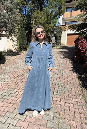 Premium Kalite Taş Süslemeli Yazlık Denim Kot Elbise Tesettür Jean Elbise 140 cm