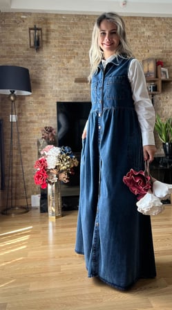 Kadın Kolsuz Düğmeli Cepli Kot Jile Elbise – Mevsimlik Denim Boydan Düğmeli