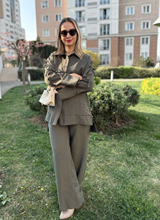 Modal Kumaş Kolları Fiyonk ve Taş Detaylı İkili Takım Tesettür Uyumlu Tunik Gömlek ve Pantolon İkili Takım