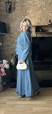 Premium Kalite Bağlama Detaylı Kot Etek Ceket Takım İkili Tasarım Jean Takım