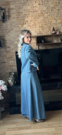 Premium Kalite Bağlama Detaylı Kot Etek Ceket Takım İkili Tasarım Jean Takım