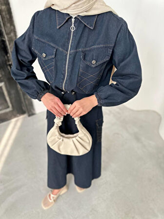 Premium Kalite Denim Kot Etek Ceket Takım İkili Tasarım Jean Takım