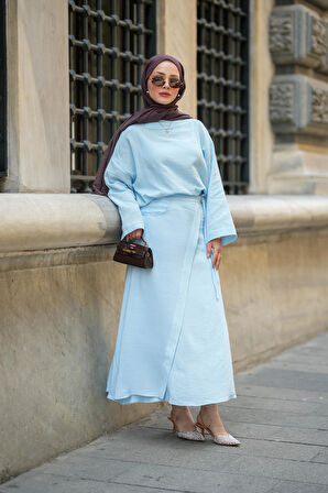 Kadın Müslin Kumaş Bluz ve Etek Tasarım İkili Takım Tesettür Uyumlu Yazlık Takım