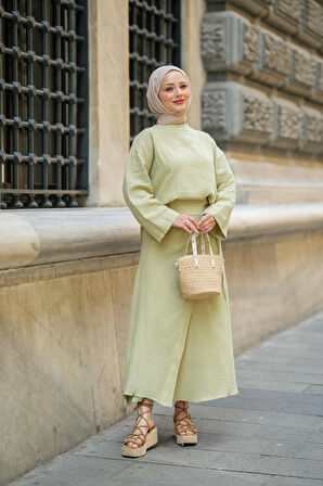 Kadın Müslin Kumaş Bluz ve Etek Tasarım İkili Takım Tesettür Uyumlu Yazlık Takım