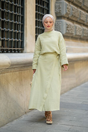 Kadın Müslin Kumaş Bluz ve Etek Tasarım İkili Takım Tesettür Uyumlu Yazlık Takım